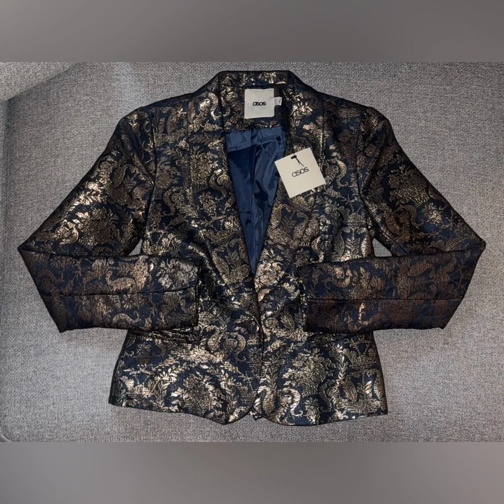 NWT ASOS Metallic Shimmer Blue and Gold Paisley Women's Blazer - Picture 2 of 7